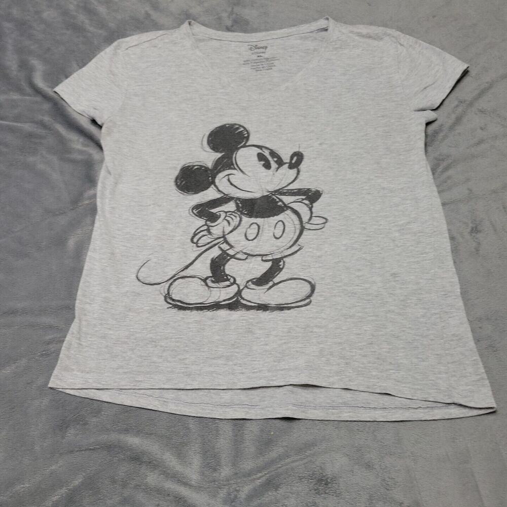 Disney Mickey Shirt Womens Extra Large Grey Graphic Tee Short Sleeve V Neck Top